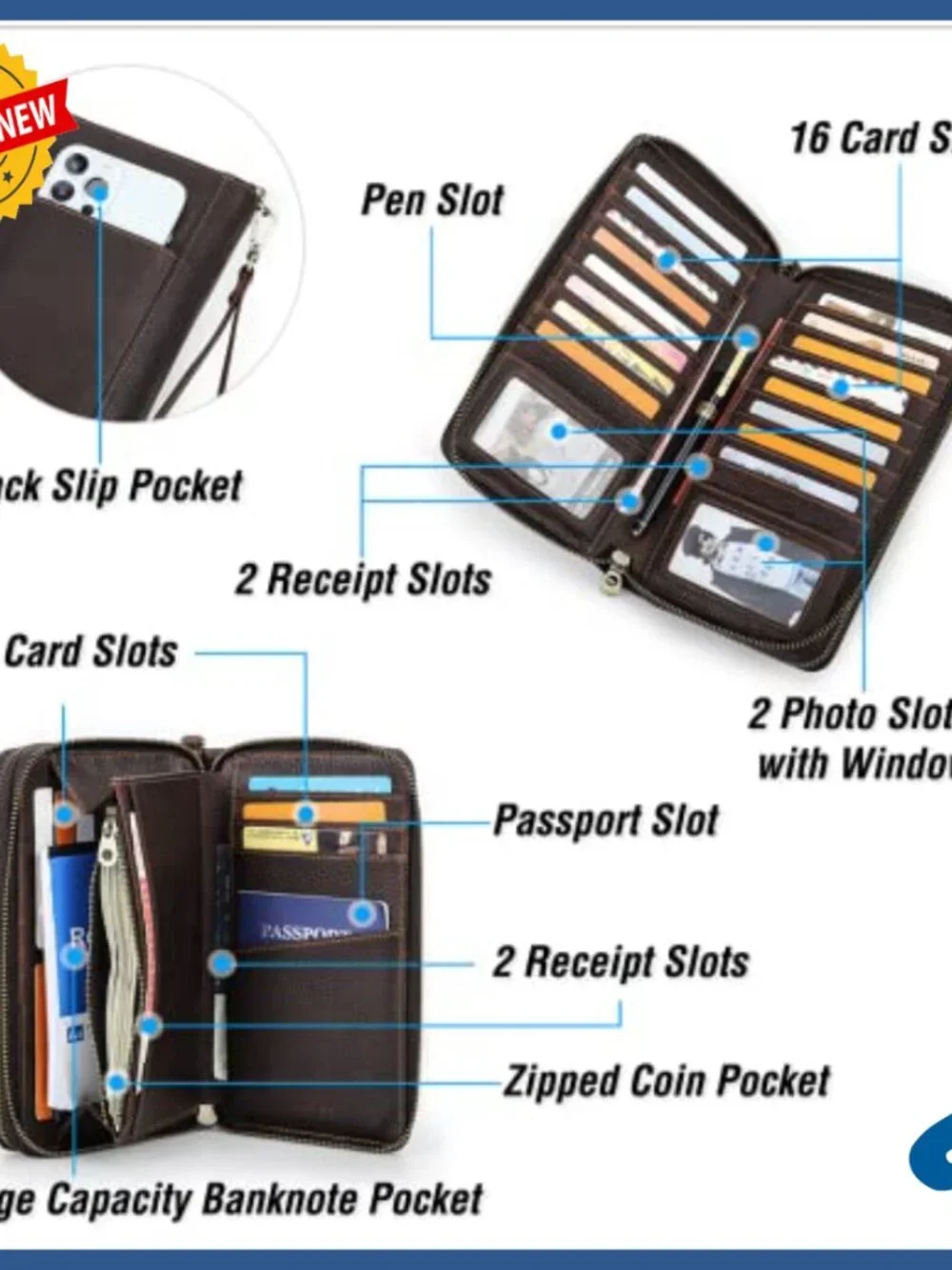 Top Grain Leather Clutch Wallet Wristlet RFID Large Capacity Travel